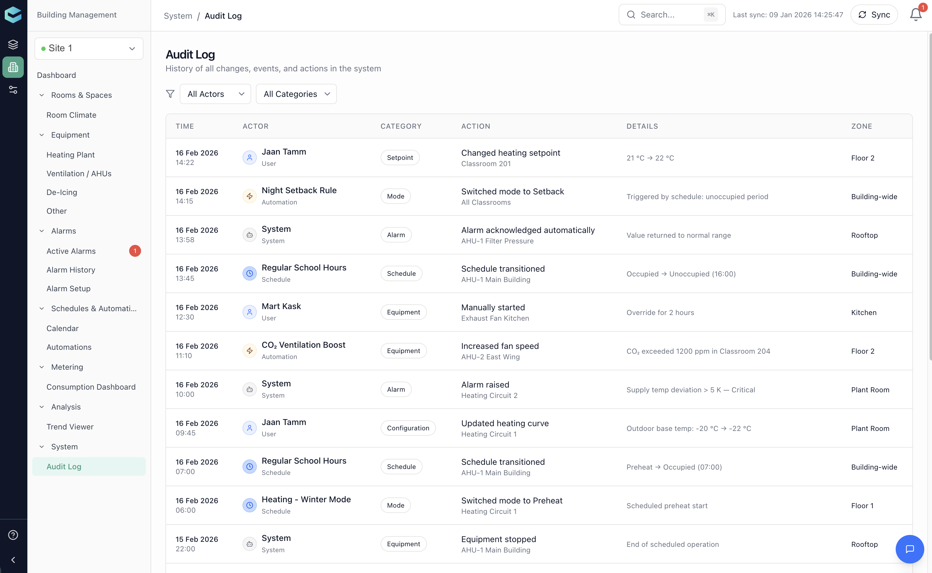 Audit log, Bisly Building Management System
